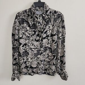 Adrianna Papell Floral Black White Silk Womens Shirt Blouse Vintage Design Sz 10
